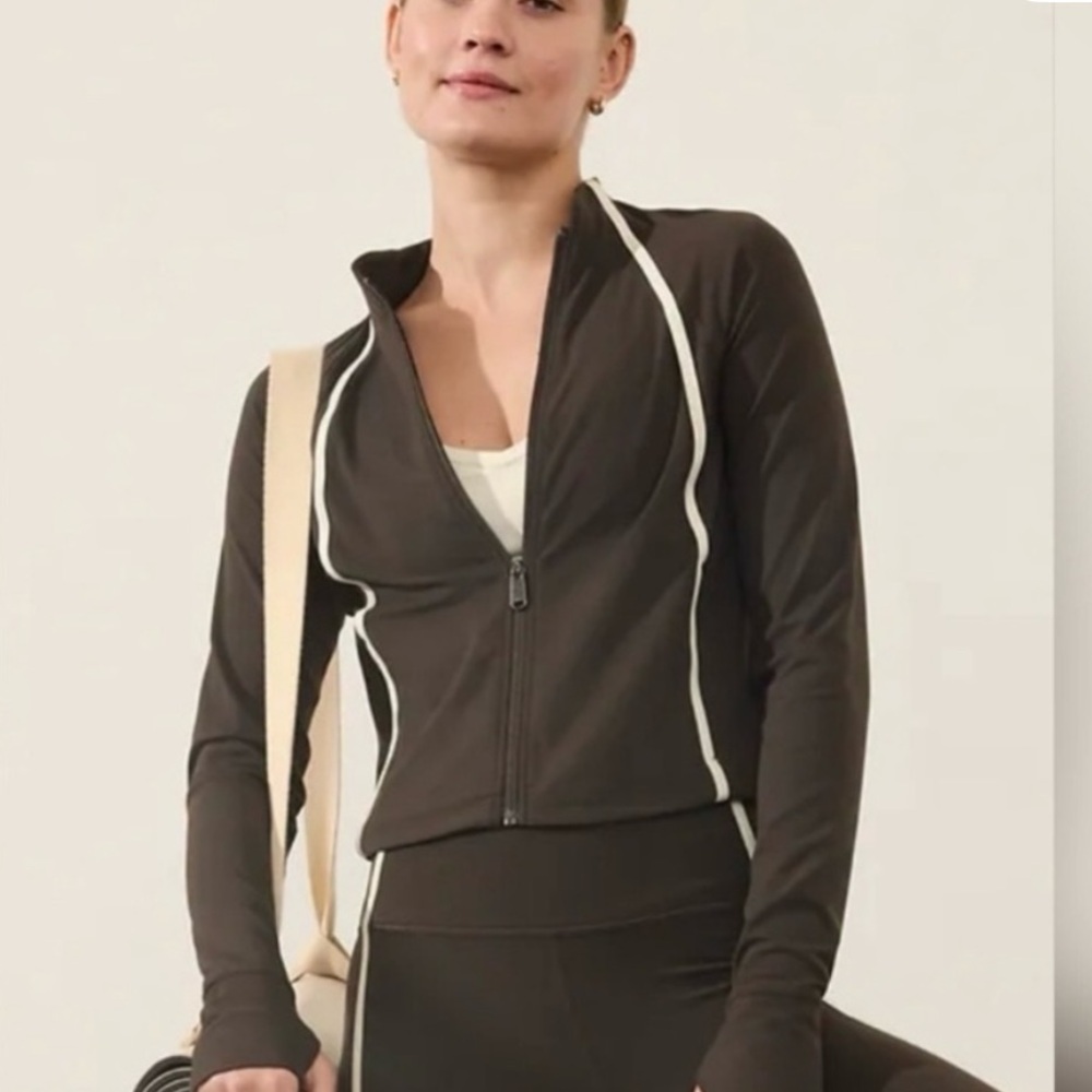 NWT Athleta Salutation Crop Jacket Deep Brown with Cream Stripe Size Large
